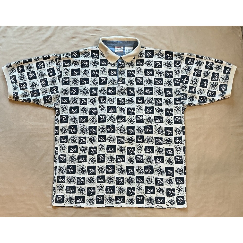 Bugle‎ Boy Vintage 90s Polo Shirt Mens XXL Cream/Navy Leaf Design Short Sleeve
